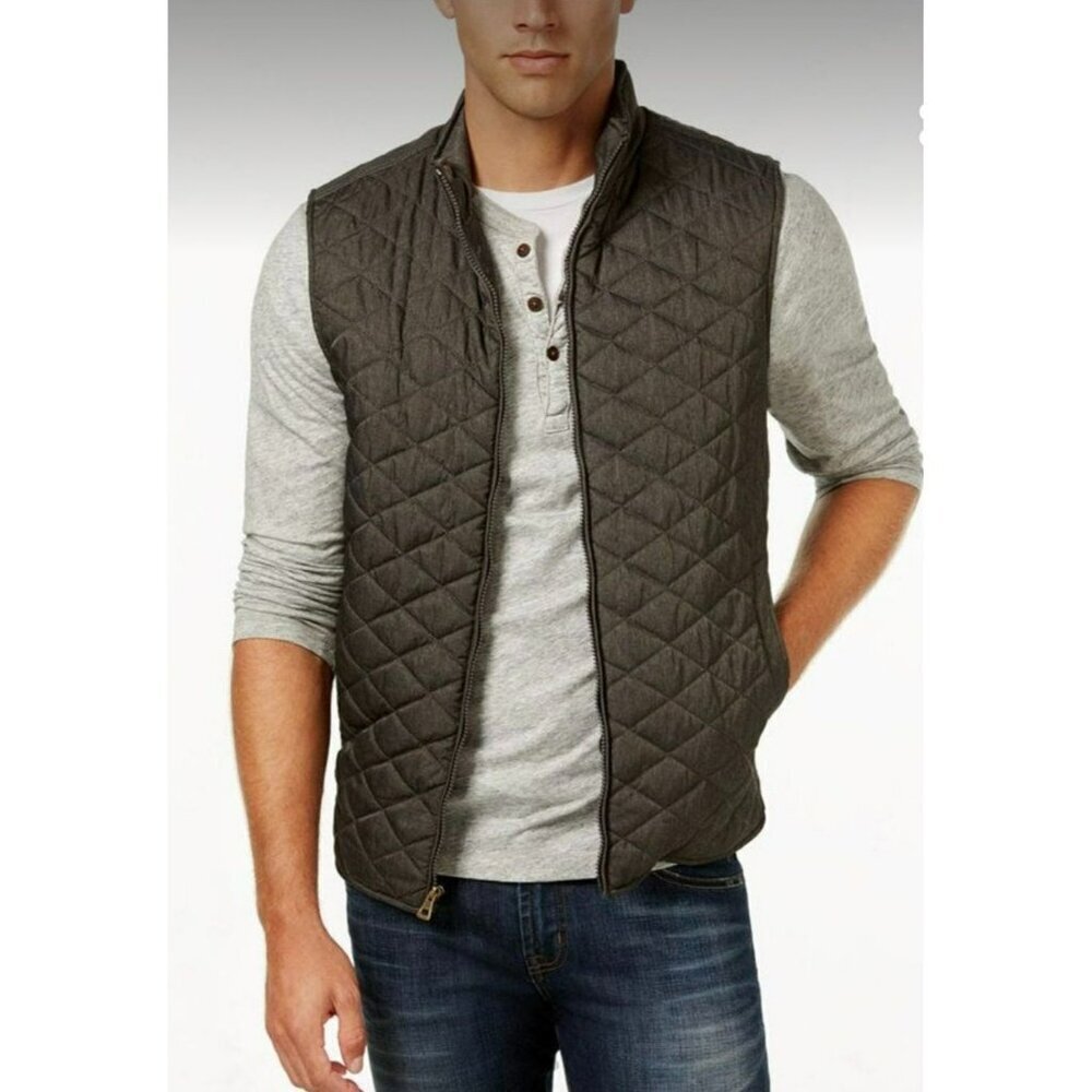 Men's Quilted Vest Size Large Weatherproof Vintage Green Pockets Outdoor